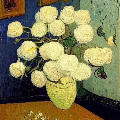 Prompt: atmospheric beautiful bouquet of white delicate pionoid rose in the sunny room of his beloved wife, wrote van gogh