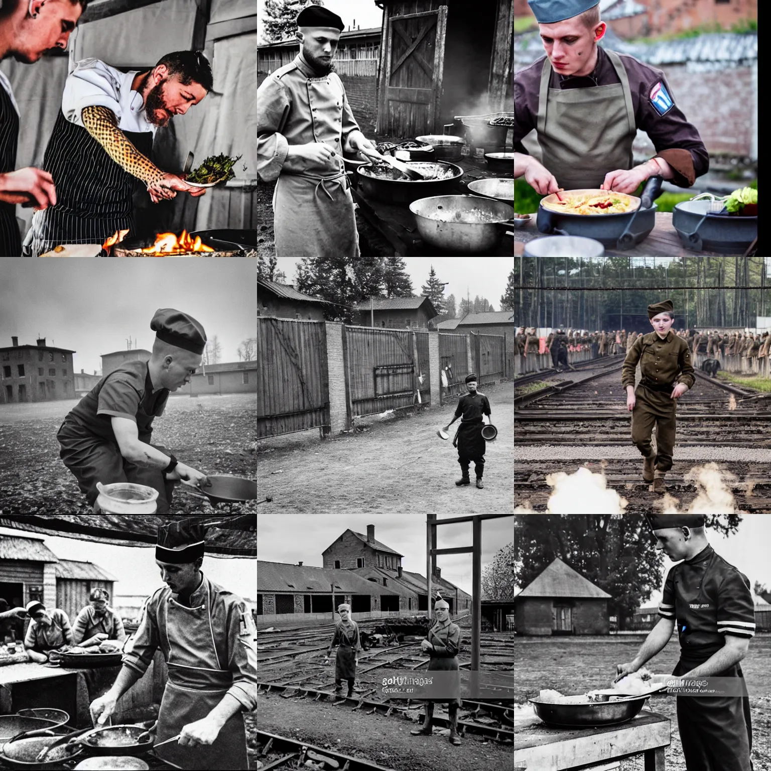 Prompt: young naziskin nazi chef cooking for the german nazi soldiers in front of auschwitz arbreit macht frei concentration field gate with avicii dj music and public