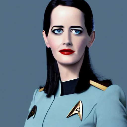 Image similar to a full body photograph of 3 0 year old eva green as a star fleet officer from star trek next generation, ultra rendered, extreme realism and detail, 8 k, completely framed, hyper realistic, direct lighting, 3 5 mm photo, photorealistic, sharp focus