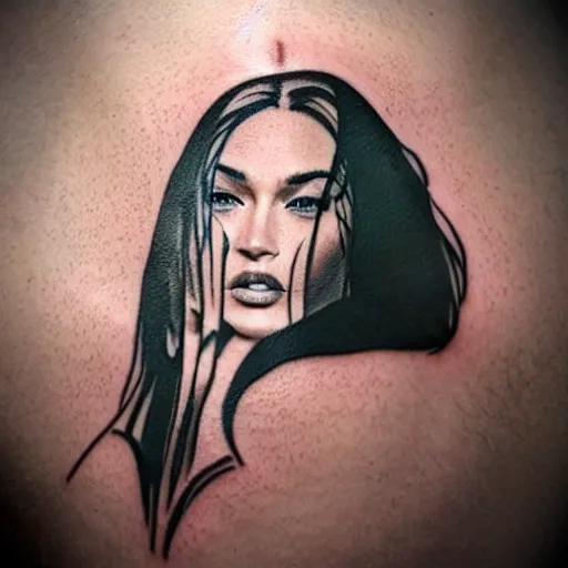 Image similar to double exposure tattoo sketch of megan fox with beautiful mountain scenery, hyper - realistic, in the style of den yakovelev, amazing detail, sharp, abstract