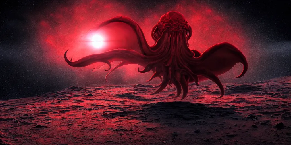 Image similar to giant <Cthulhu> silhouetted on lunar surface attacking <red spaceship>, photorealistic, wide-angle, long shot, epic, space, lunar backdrop