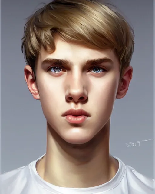 Image similar to portrait of 1 5 - year - old boy, with slender, white - blond hair, cold grey eyes, a pale complexion with sharp and pointed features, highly detailed, digital painting, artstation, concept art, smooth, sharp focus, illustration, art by artgerm and greg rutkowski and alphonse mucha