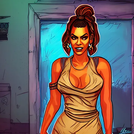 Image similar to beyonce portrait, borderlands, tales from the borderlands, the wolf among us, comic, cinematic lighting, studio quality, 8 k