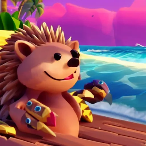 Image similar to hedgehog in a bikini in sea of thieves, hedgehog wearing a bikini, cute, colourful, happy, adorable, funny
