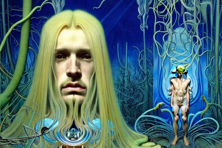 Prompt: realistic detailed portrait painting of a beautiful ghost man with blond hair with an alien, futuristic sci-fi forest on background by Jean Delville, Amano, Yves Tanguy, Alphonse Mucha, Ernst Haeckel, Edward Robert Hughes, Roger Dean, rich moody colours, blue eyes