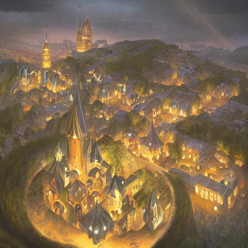 Prompt: aerial view of a hilly medieval town situated below an orb of light hanging in the sky. ornate pillar in foreground. bright orb, by alan lee by peter mohrbacher, trending on artstation sharp focus vfx key shot