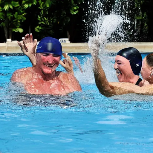 Prompt: putin, trump, obama and bush are swimming while having a water fight while smiling and having a great time