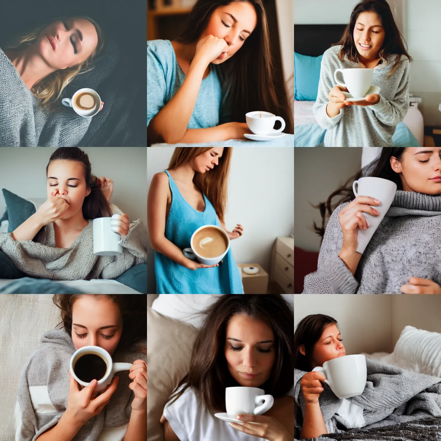 Prompt: sleepy girl waking up with a steaming cup of coffee