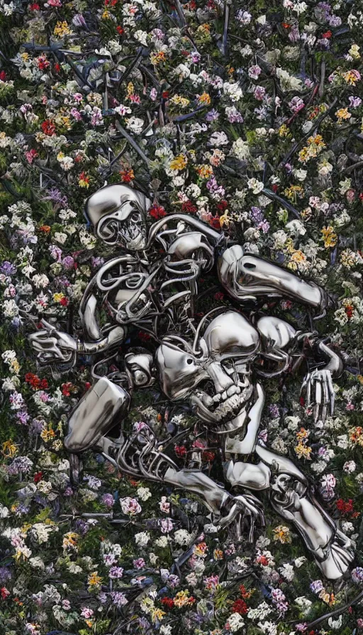 Image similar to destroyed terminator lying in a field of flowers, twisted metal, chrome, reflections, anthropomorphic, photorealism, smoke, metal, 8 k, surreal, wires, smooth, sharp focus, top view, extremely detailed, hyperrealism, elegant, establishing shot, by jeff koons, artgerm and greg rutkowski