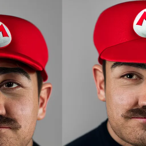 Image similar to realistic portrait of super mario, 1 0 0 mm, studio lighting