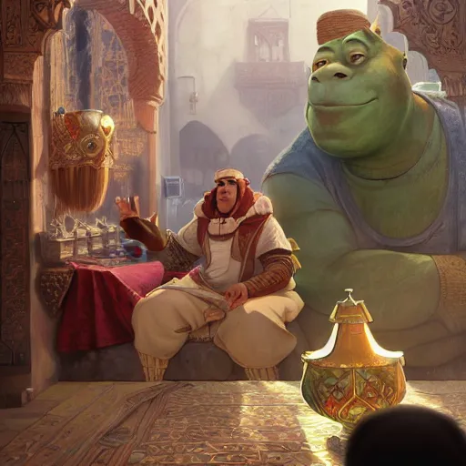 Image similar to moroccan shrek plays arcade game with vladimir putin, highly detailed, digital painting, artstation, concept art, smooth, sharp focus, illustration, art by artgerm and greg rutkowski and alphonse mucha