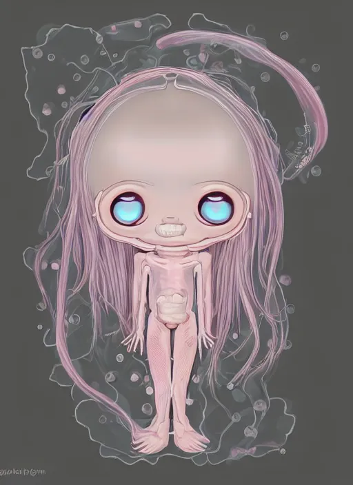 Prompt: plasticy kawaii portrait of a silly bashful squishy saliva sexy nematode princess girl, painfully adorable, soft opalescent membranes, gushy gills and blush, translucent skin shows jejune skeletal details in front of inky black background, friendly, sultry, occult, gelatinous with wittle tiny teeth, artgerm, pixar, disney