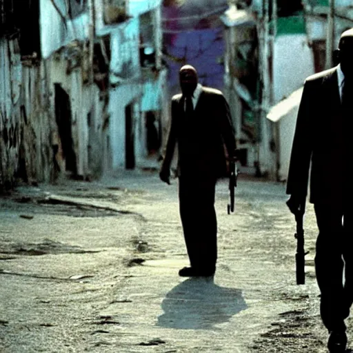 Image similar to a film still of Morgan Freeman as Hitman (2007), favela, sunset