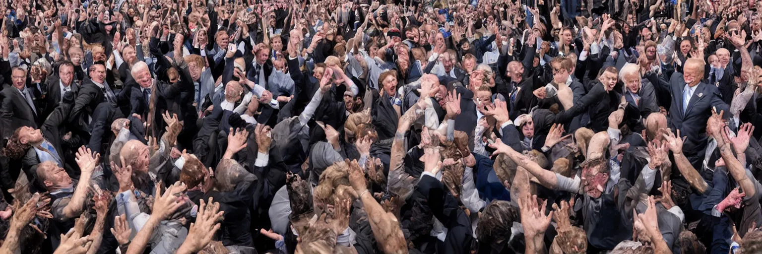 Prompt: photograph of several clones of joe biden raving in a muddy mosh pit