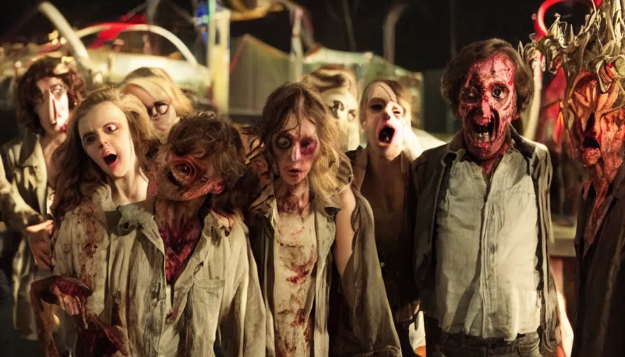 Image similar to Tobe Hooper movie about a terrified teenagers at a horror carnival.