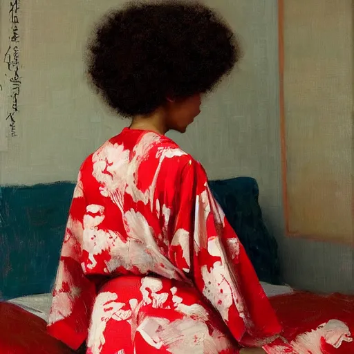 Image similar to girl with afro, in red kimono, backview, sitting on edge of bed, by jeremy lipking, tim rees, joseph todorovitch