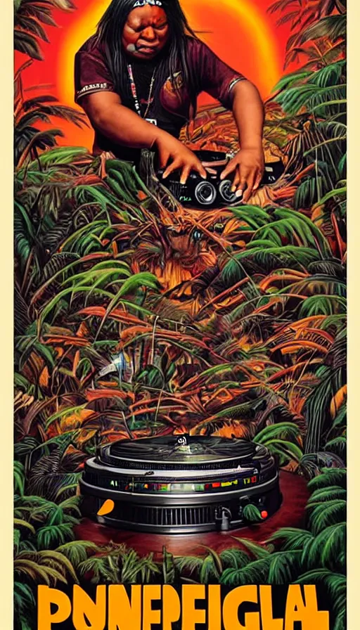 Prompt: an indigenous dj playing with pioneer turntables in the jungle, poster art by daniele caruso, benediktus budi, jason edmiston, vc johnson, powell peralta