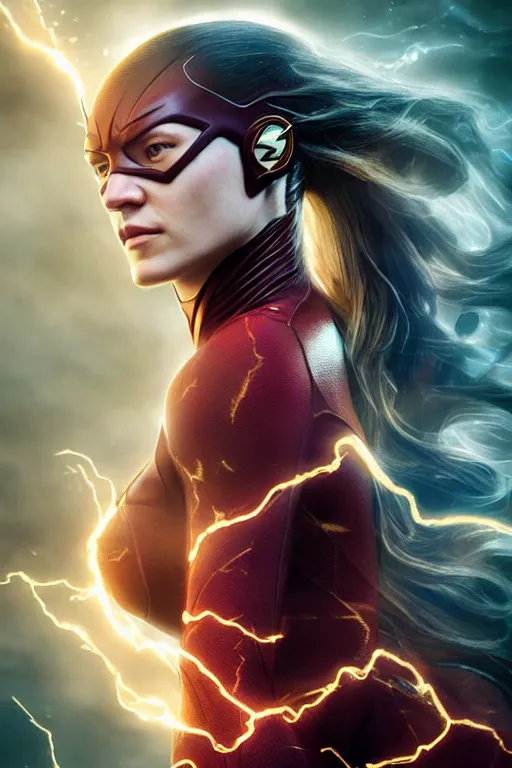 Image similar to Majestic and regal portrait of a female The Flash, DC universe, Perfect face, beautiful, intricate, epic, elegant, menacing, fantasy, highly detailed, digital painting, hard focus, beautiful volumetric lighting, epic light, ultra detailed, by Leesha Hannigan, Ross Tran, Thierry Doizon, Kai Carpenter, Ignacio Fernández Ríos