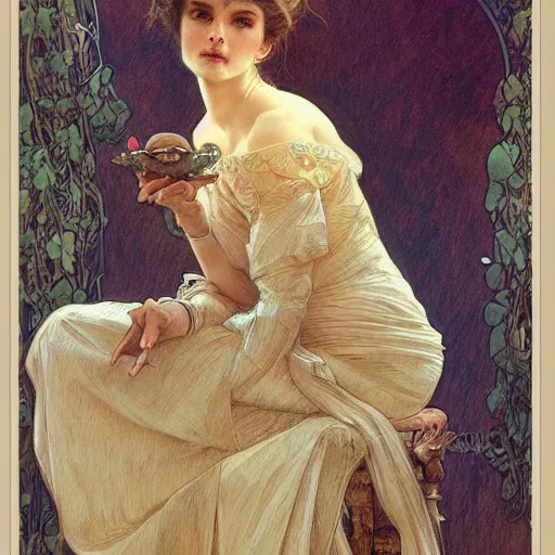 Image similar to beautiful lifelike award winning pencil illustration of lady dimitrescu trending on art station artgerm greg rutkowski alphonse mucha museum quality cinematic atmospheric