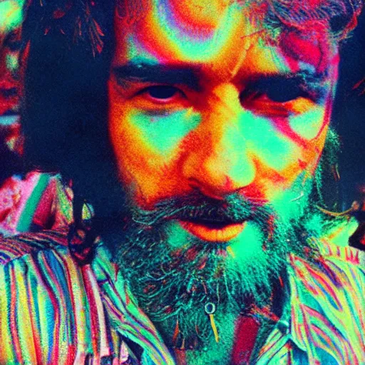 Image similar to expired fuji film photograph portrait of retro psychedelic hippy party in goa from 1 9 8 0, hyperrealism, photorealism, imax quality, 8 k