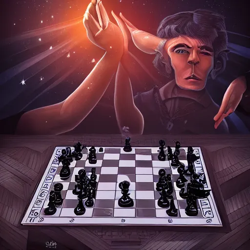 Prompt: dramatic illustrations of two chess players playing the hand of the universe, dramatic surrounding, very detailed, contest winner on behance, behance hd, trendy on artstation