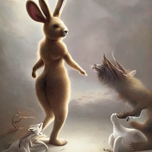 Prompt: a bear and a bunny chimera with the size and strength of a bear, The white color and long bunny ears of a bunny and golden brown antlers. Peter Mohrbacher. George Stubbs