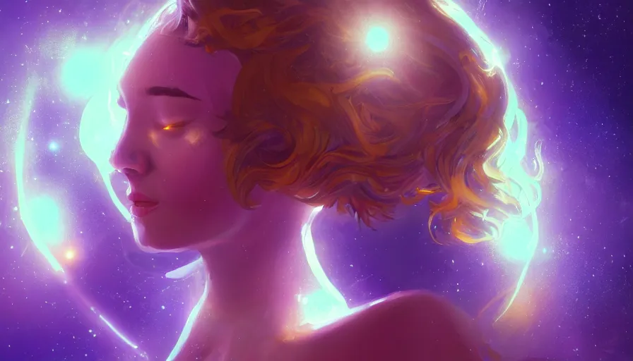 Image similar to a golden woman, eyes closed, glowing lavender aura, head expanding into pieces, laser beaming from the sky into the top of her head, half body, in space, concept art, artstation