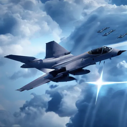 Image similar to two jets, flying towards each other, parallel planes, blue explosion in the background, realistic, 4 k, hdr, cinematic scene, clouds, movie scene