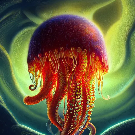 Prompt: photorealistic beautiful and intricate alien jellyfish planet in the style of michael whelan and greg rutkowski. hyperdetailed photorealism, 1 0 8 megapixels, octopus palace, amazing depth, glowing rich colors, powerful imagery, psychedelic overtones, 3 d finalrender, 3 d shading, cinematic lighting, artstation concept art