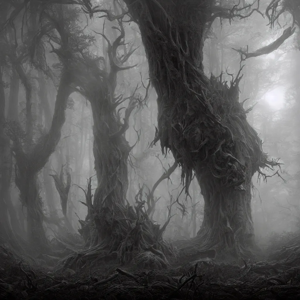 Image similar to Photorealistic giant nightmare creature in the ominous foggy woods in the style of Michael Whelan and Gustave Dore. Hyperdetailed photorealism, epic scale, misty, 108 megapixels, amazing depth, glowing rich colors, powerful imagery, psychedelic Overtones, 3D finalrender, 3d shading, cinematic lighting, artstation concept art