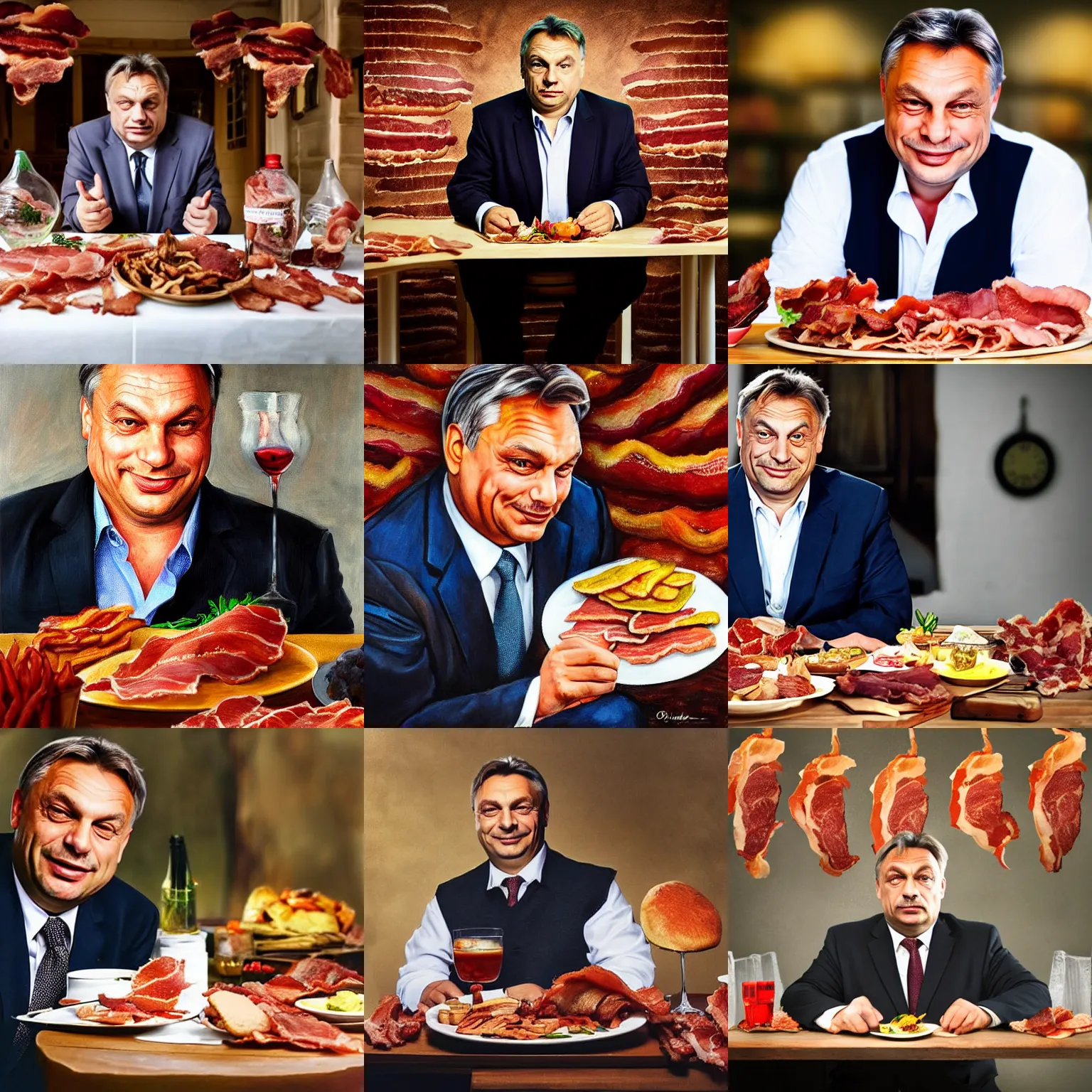 Prompt: portrait of romantic viktor orban sitting behind a table full of bacon