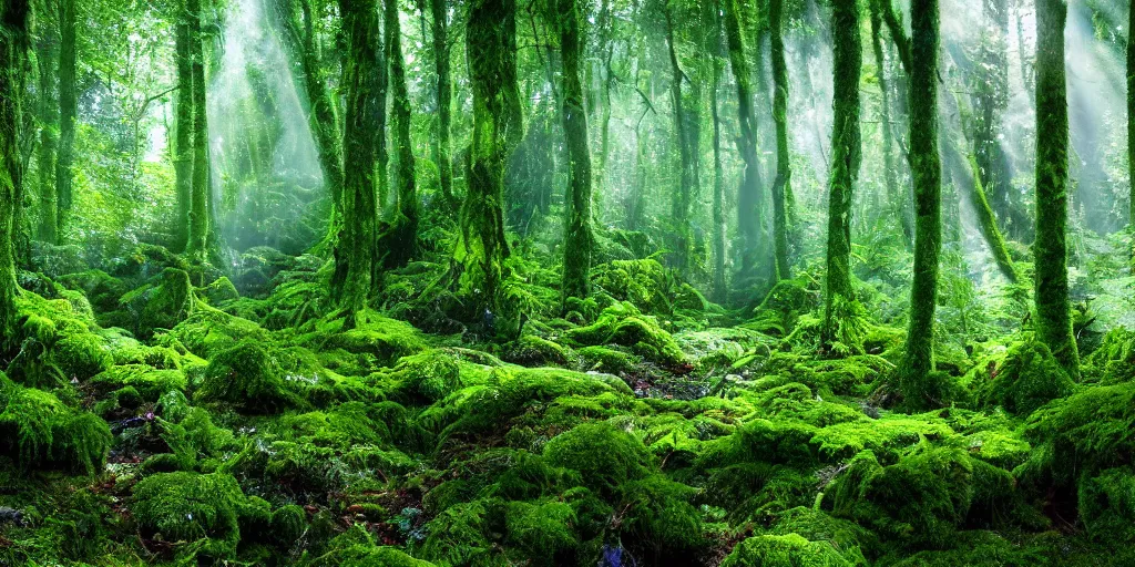 Image similar to deep lush forest floor with dark green and blue ferns and moss, droplets of crystal clear water on the leaves, rays of sunlight coming through the clouds after rain, magical fairytale, sparkling particles, magical dust, glitter shimmering in the light