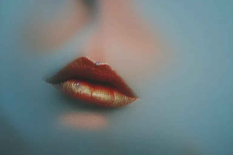 Prompt: film photography, minimalism, lips with smeared lipstick in in blue fog, low shutter speed, golden hour, 35mm, motion blur
