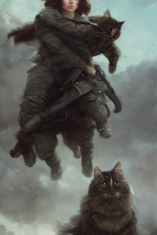 Image similar to a female sodier with a head of a british longhair cat in the war, epic scene, by greg rutkowski