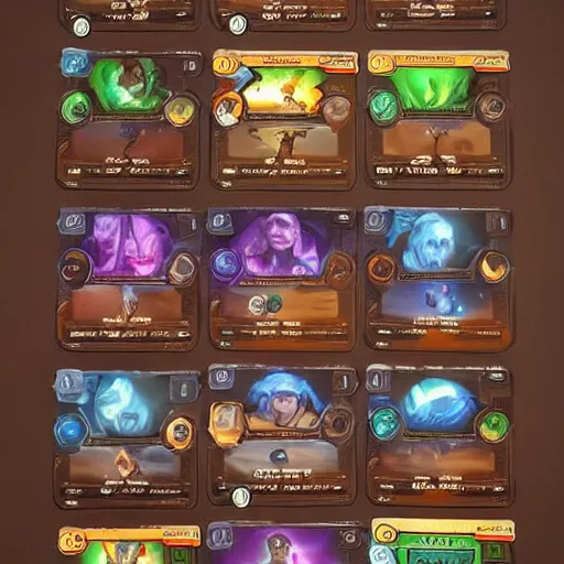 Prompt: A concept art showing several cards of a new game designed by blizzard . This is a card game concept art , card , tabletop, design, card , Pinterest