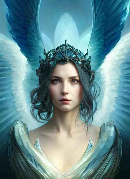 Image similar to a beautiful cinematic female archangel queen, fantasy sea landscape, fantasy magic, short aqua blue black fade hair, dark light night, intricate, elegant, sharp focus, illustration, highly detailed, digital painting, concept art, matte, art by WLOP and Artgerm and Greg Rutkowski and Alphonse Mucha, masterpiece