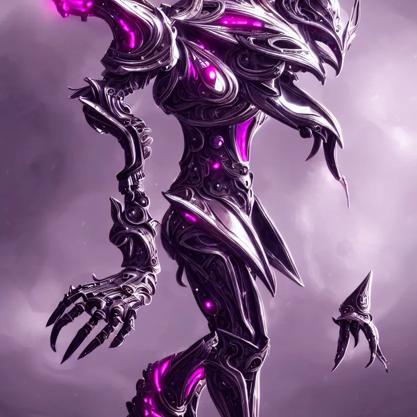 Image similar to highly detailed exquisite fanart, of a beautiful female warframe, but as an anthropomorphic elegant robot dragon, shiny white silver plated armor engraved, robot dragon head, Fuchsia skin beneath the armor, sharp claws, long tail, robot dragon hands and feet, two arms and legs, elegant pose, close-up shot, full body shot, epic cinematic shot, professional digital art, high end digital art, singular, realistic, DeviantArt, artstation, Furaffinity, 8k HD render, epic lighting, depth of field