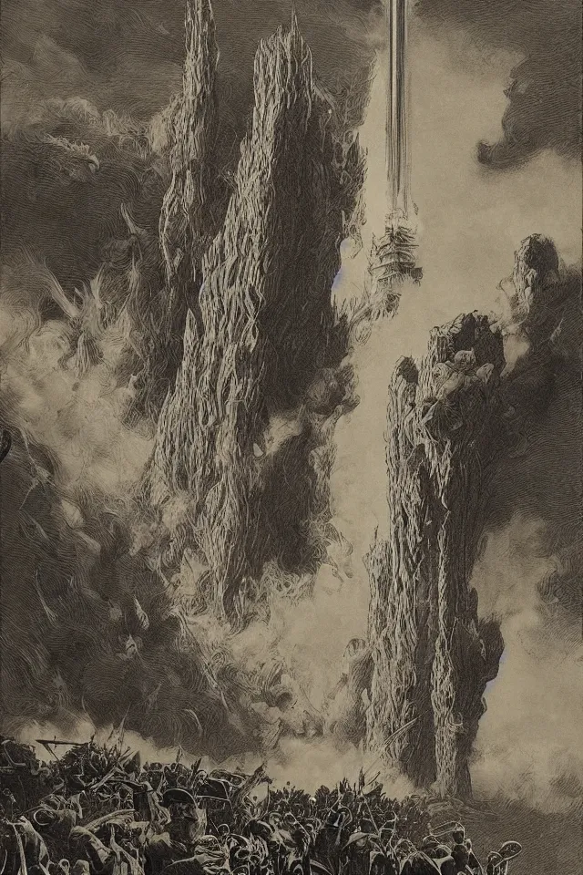 Prompt: artwork by Franklin Booth showing the fall of the tower of Babylon, explosion, smoke, moonshine