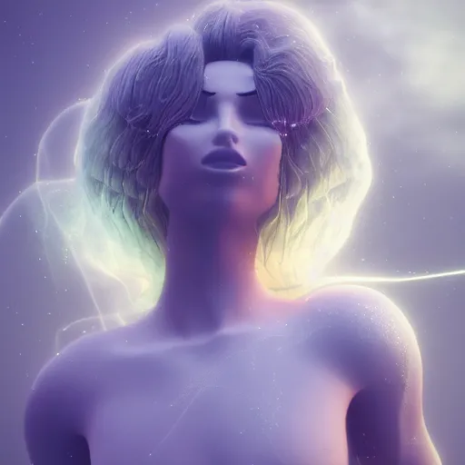 Image similar to abstract female sculpture made of white marble and amethyst crystals quartz, ethereal lights, fine details, artstation. com, film still, cinematic photoshooting, luxury, strong wind blowing, wavy hair, dark mood, sad, cold colors, golden filigree, octane render, lens flare