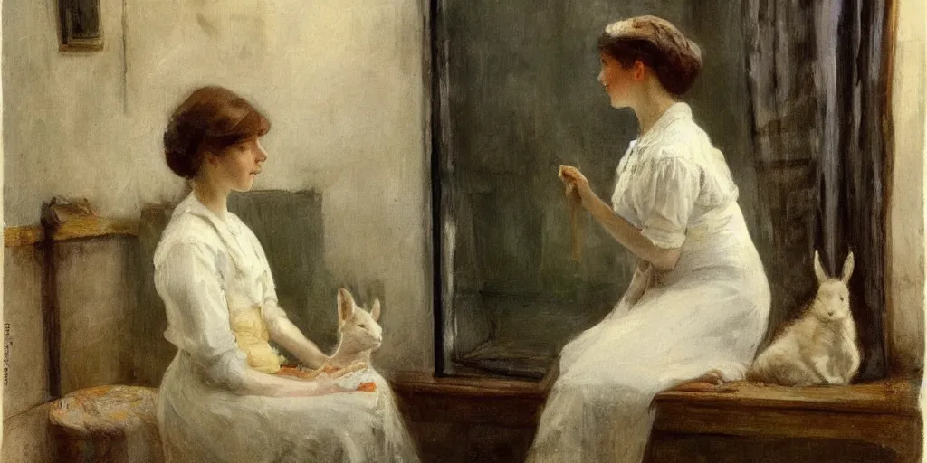 Image similar to a young edwardian woman petting a rabbit by a window, in the style of anders zorn