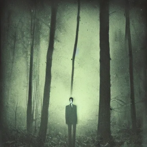 Prompt: a damaged image Slender man in the woods at night, old photography, creepy, vintage