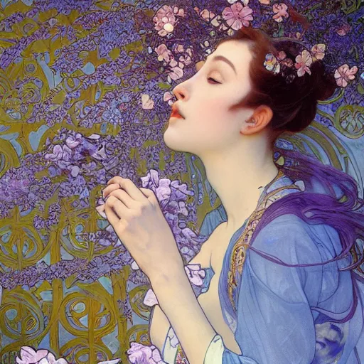 Prompt: perfume surrounded by artistic, blurred blue and lilac flowers, simple path traced, environment, up close shot shinji aramaki, karol bak, alphonse mucha