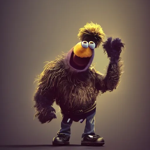 Image similar to a still of a forgotten muppet character looking very manly and modern, hilarious, laughing, hairy chest, huge chin, manly monster tough guy, roughled fur, photo real, photographic, photograph, artstation, trending, featured