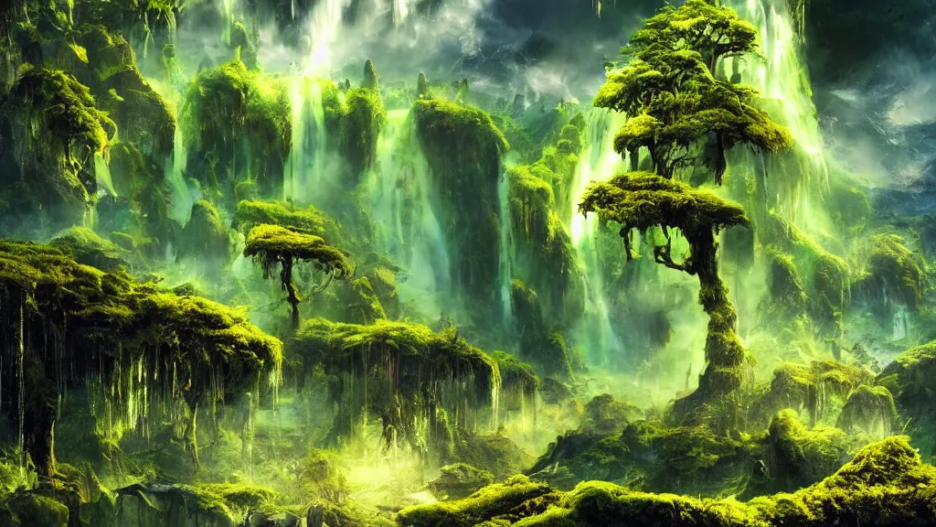 Image similar to an alien landscape view, alien waterfall, alien trees, alien colorful greenery, alien mountains, epic lighting, epic composition, 4 k, detailed, realistic