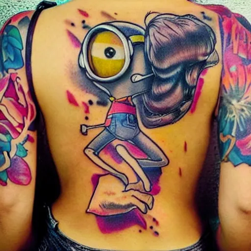 Image similar to tattoo of minion on female back, epic, colorful, beautiful, intricate detail