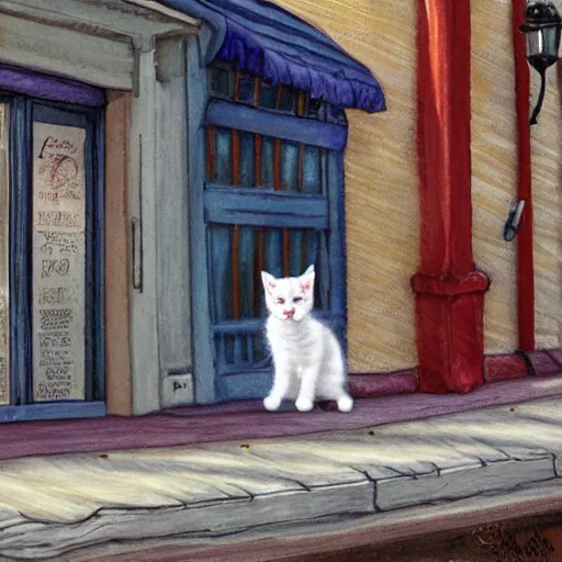 Image similar to a small white kitten at the wharf in San Francisco, fantasy illustration,