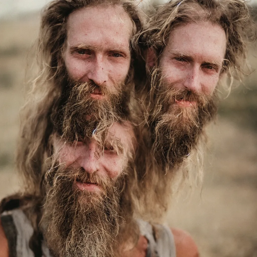 Image similar to extremely skinny malnourished redneck white male with long beard, wearing dirty overalls, dirty greasy face, grin, portrait, close up, kodak gold 2 0 0, 5 0 mm,