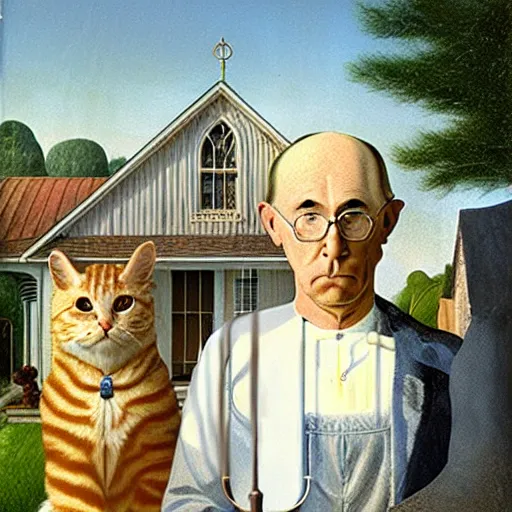 Image similar to fat orange tabby cat and curly haired man in american gothic by grant wood