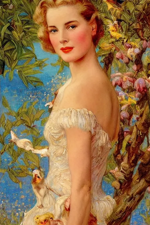 Image similar to Grace Kelly explaining the birds and the bees in the style of Gaston Bussière, art nouveau, art deco