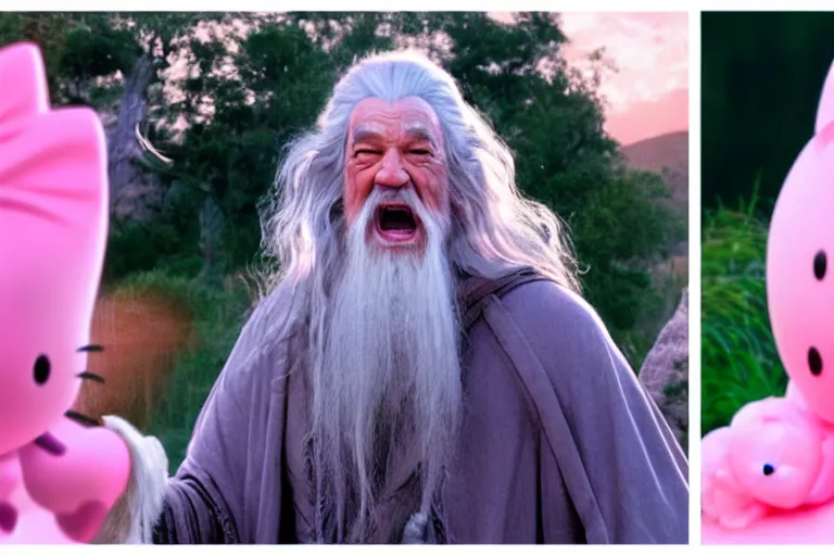 Image similar to portrait of Gandalf wearing pink Hello kitty costume, laughing, sunrise, movie still from Lord of the Rings, cinematic